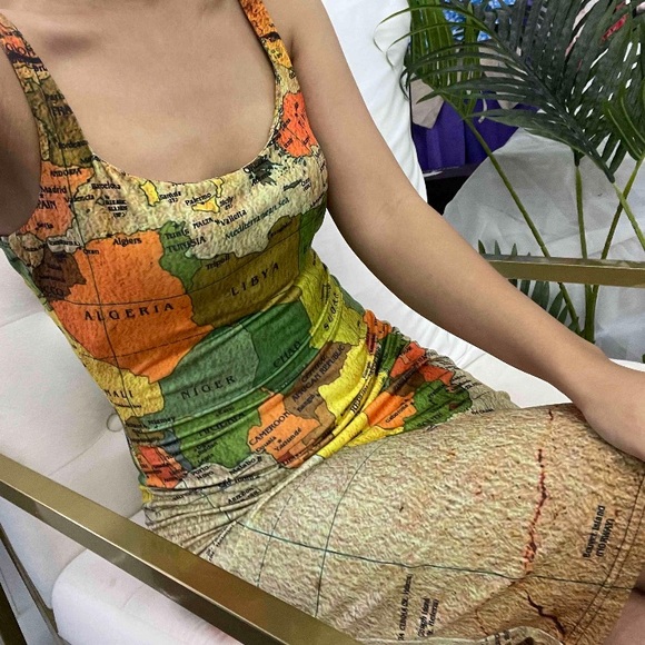 🎉New Chic Sexy The World Is Your Oyster Map Print Bodycon Dress - Picture 6 of 12